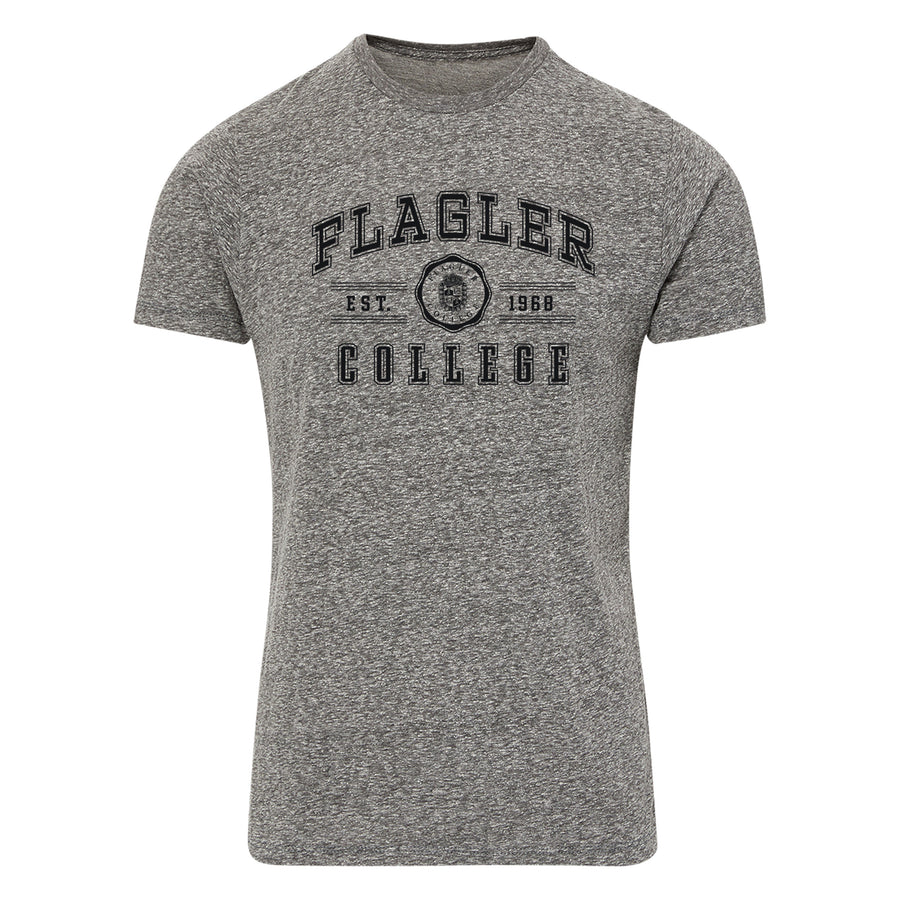 Grey body t-shirt with white imprint saying Flagler over est crest 1968 over college