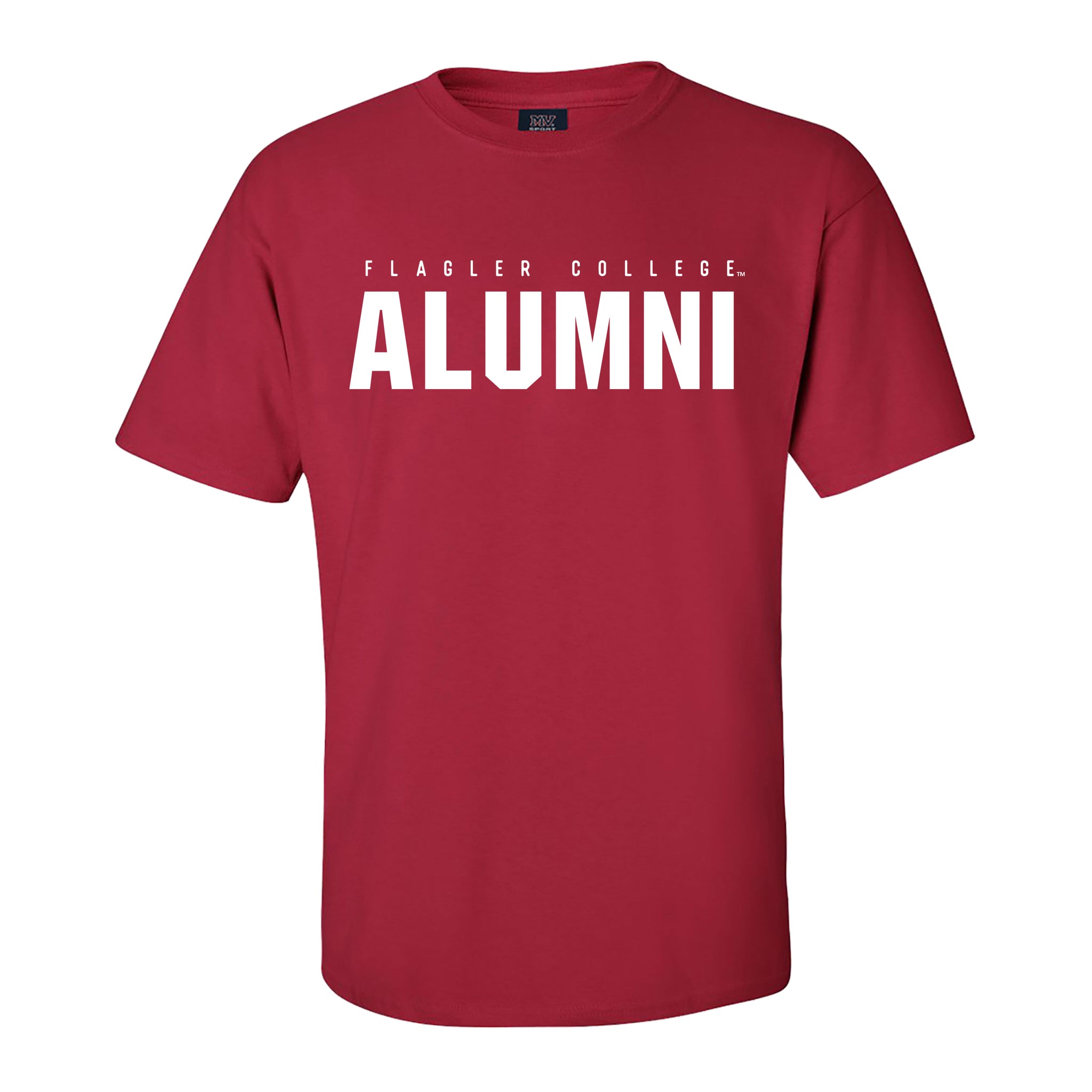 Red solid t-shirt with white imprint saying Flagler College over Alumni with large letters