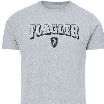 Grey t-shirt with black imprint outlining flagler over black imprint of Flagler Shield logo