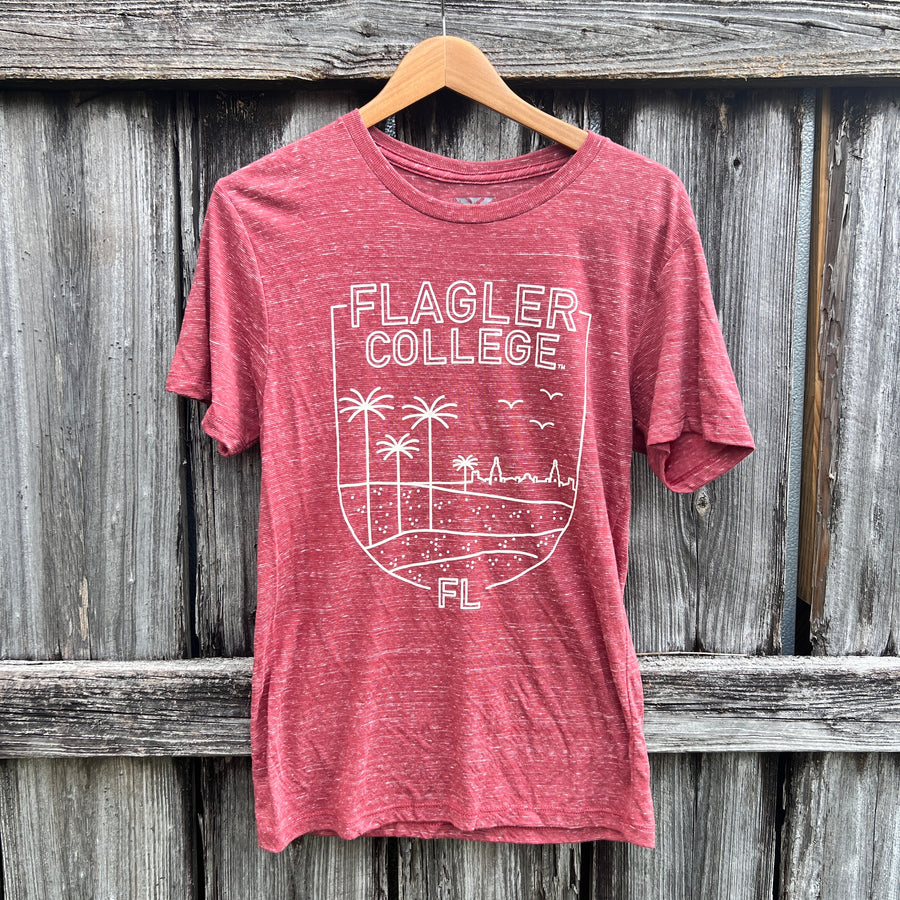 Chilli Red and Jet Black Shirt with white imprint saying Flagler over College over Skyline over FL