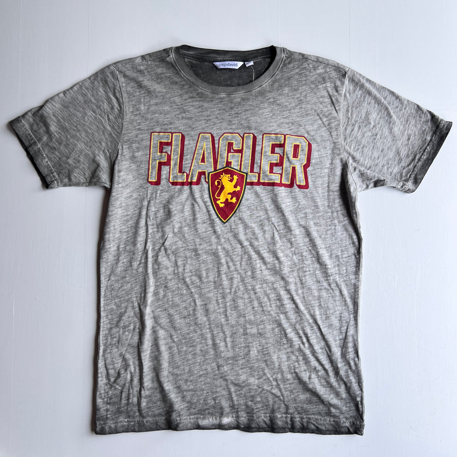 Oatmeal and Dark Oxford color t-shirt with crimson imprint outlining saying Flagler over Flagler College Shield logo