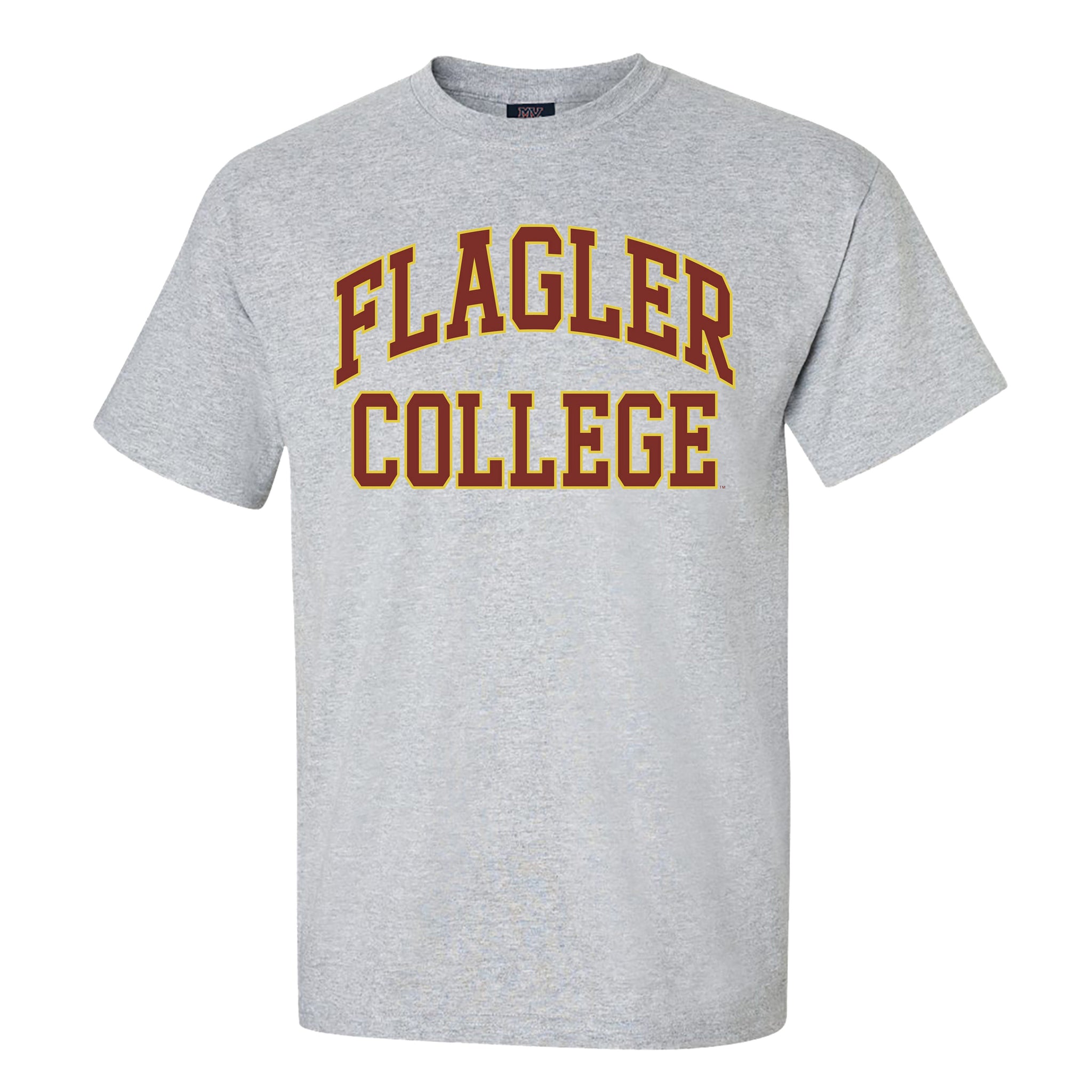 Grey t-shirt with crimson imprint saying Flagler College outlined in gold