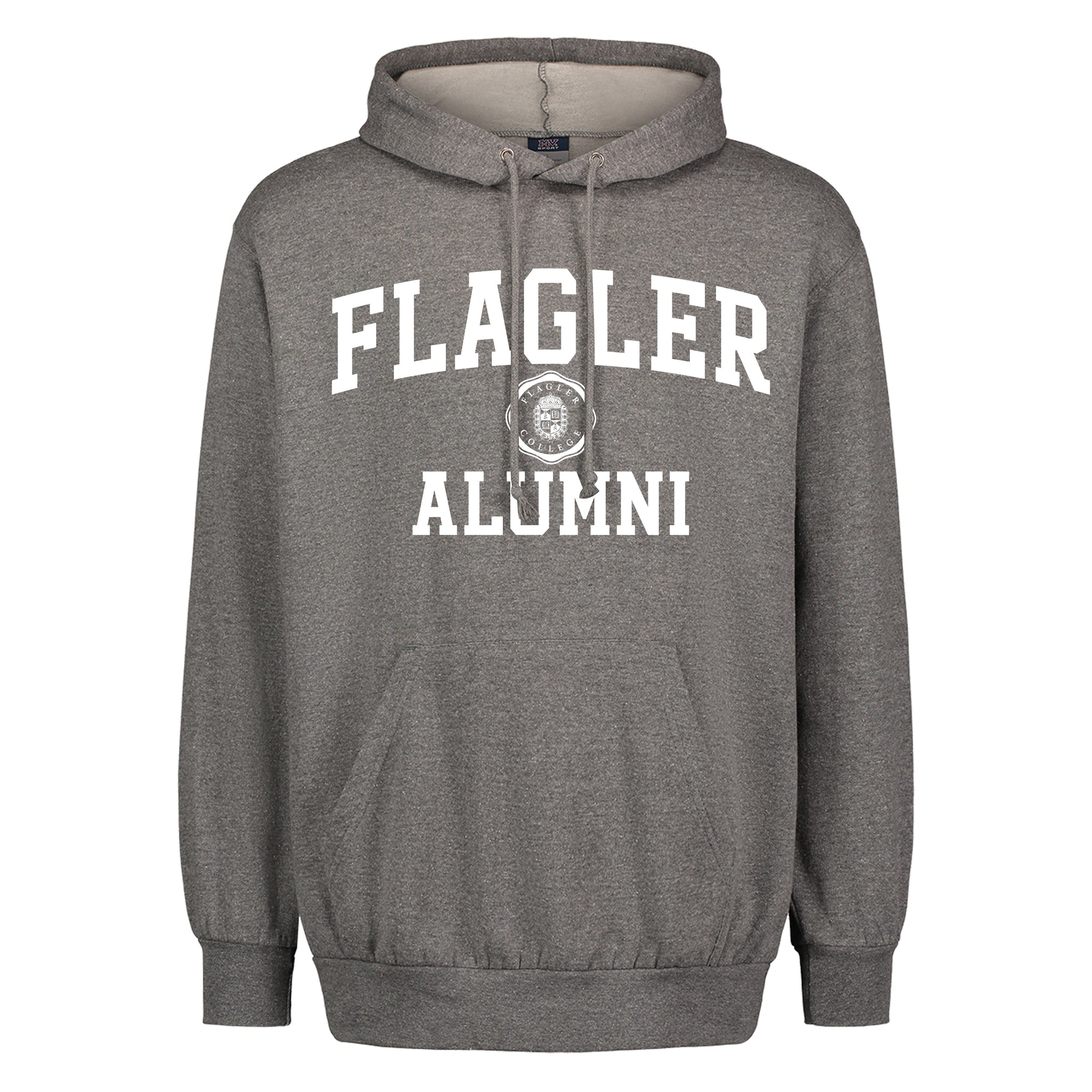 Graphite Solid hooded sweatshirt with white imprint saying Flagler over Flagler seal over Alumni