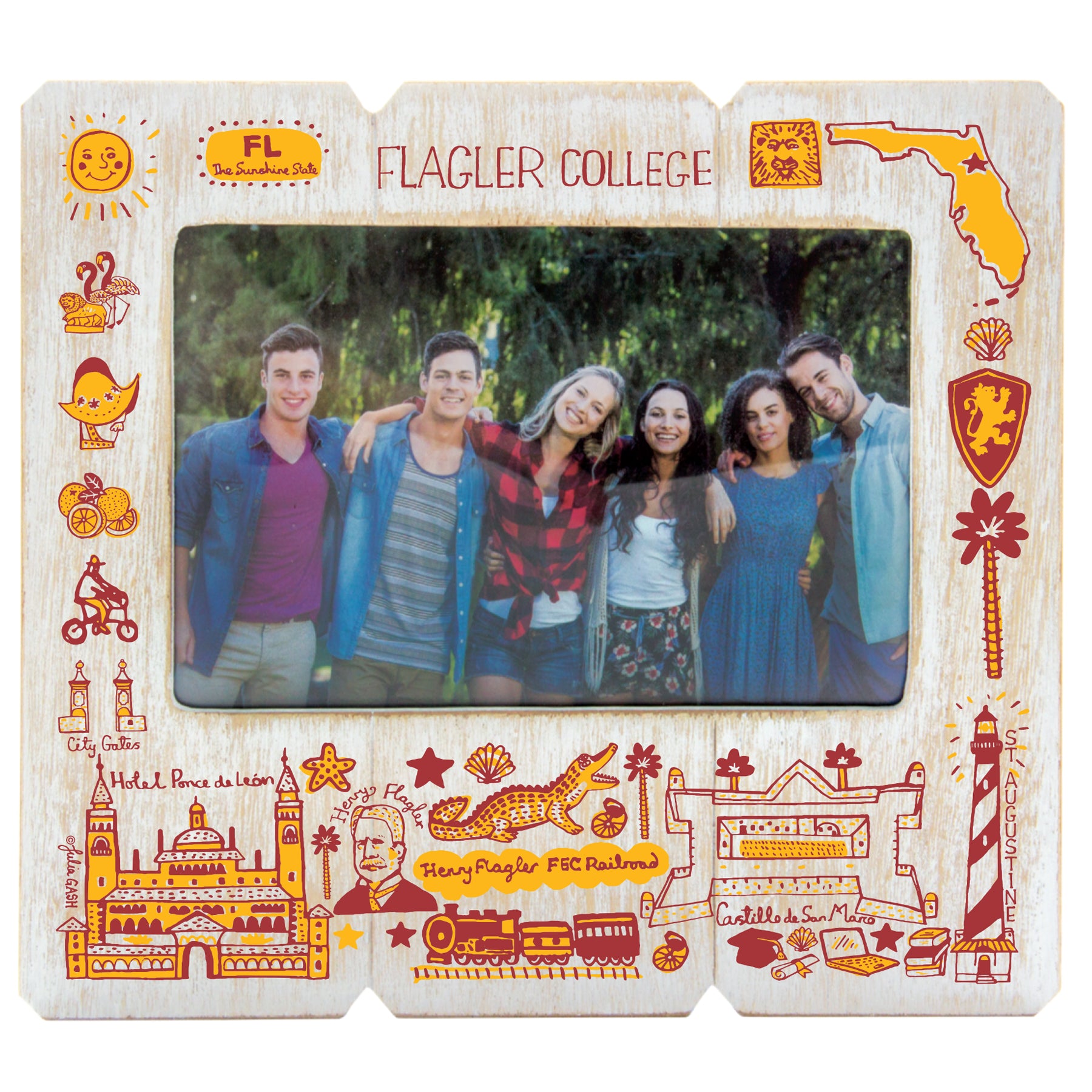 White picture frame with Julia Gash design including Flagler College, Henry Flagler, Castillo de San Marco, Alligator, etc