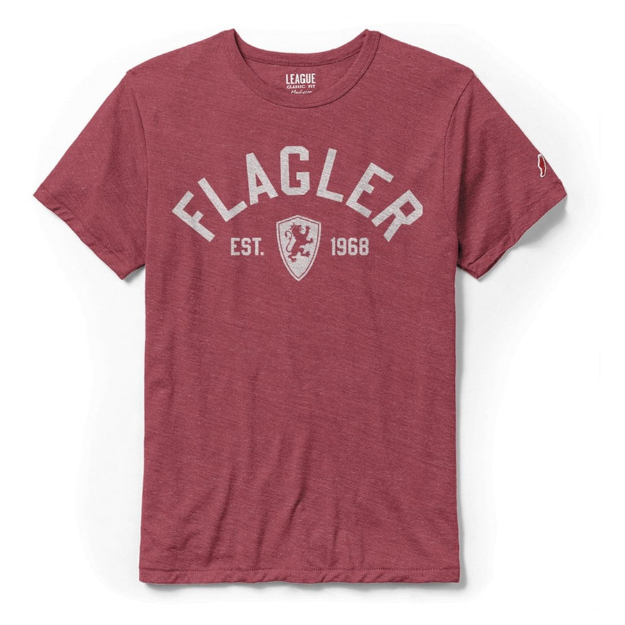 Crimson t-shirt with white imprint saying Flagler over est Flagler shield logo 1968
