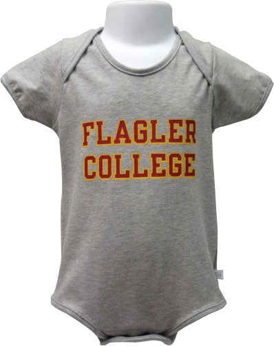 grey onesie with Crimson imprint saying Flagler over College with gold outline
