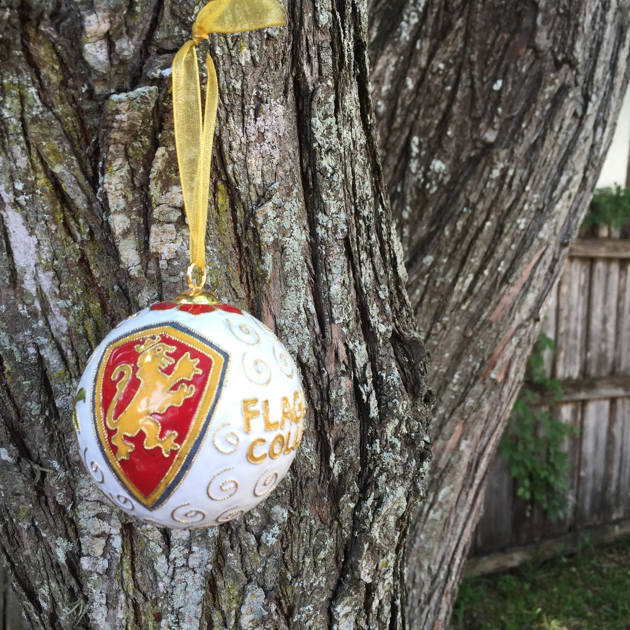 red, white and yellow Flagler college round cloisonne ornament