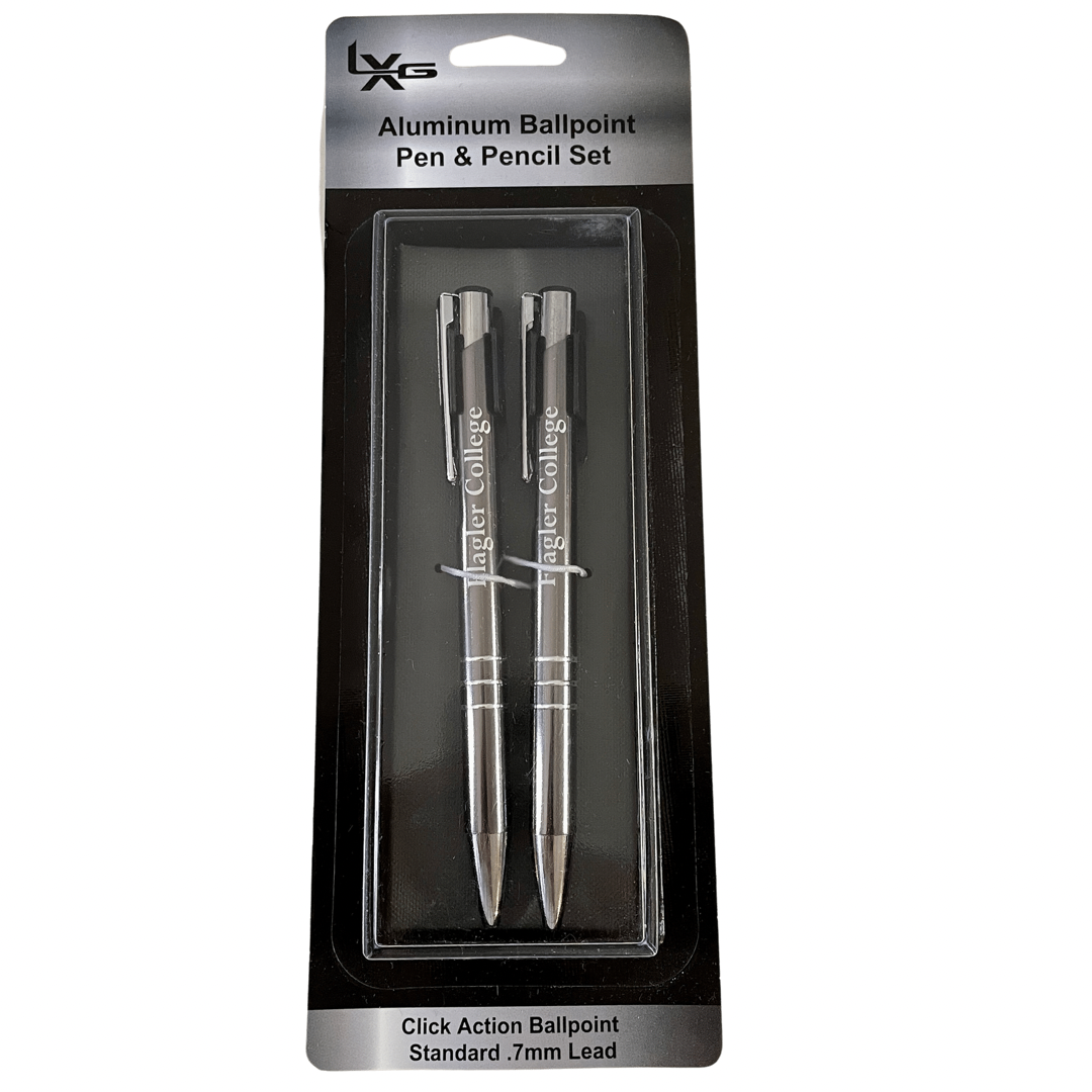 pack of aluminum ballpoint pen and pencil set with imprint saying Flagler College