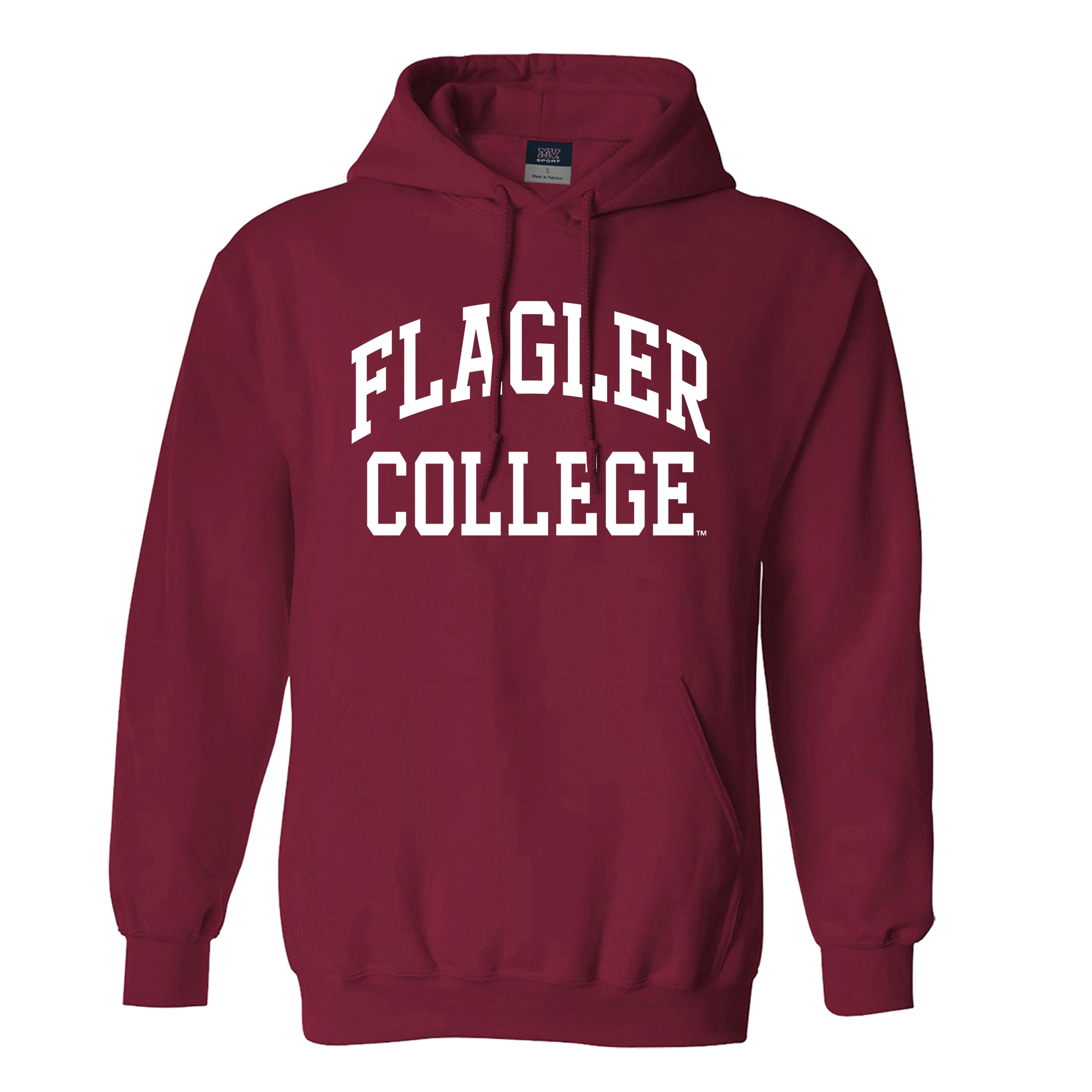 Crimson solid hooded sweatshirt with white imprint saying Flagler over College