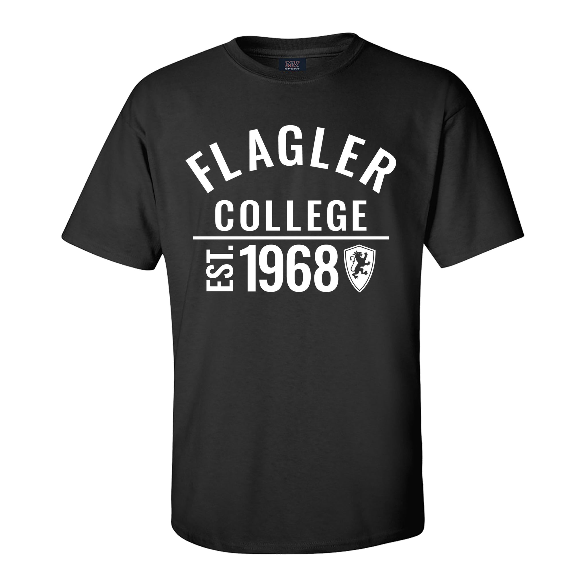 Black solid t-shirt wit  white imprint saying Flagler over college over est 1968 Flagler Shield logo