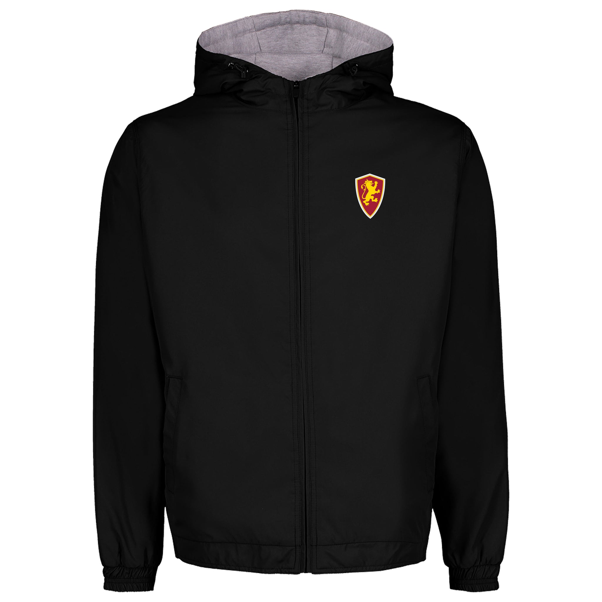 Black full zip jacket with grey lining with Flagler College shield logo 