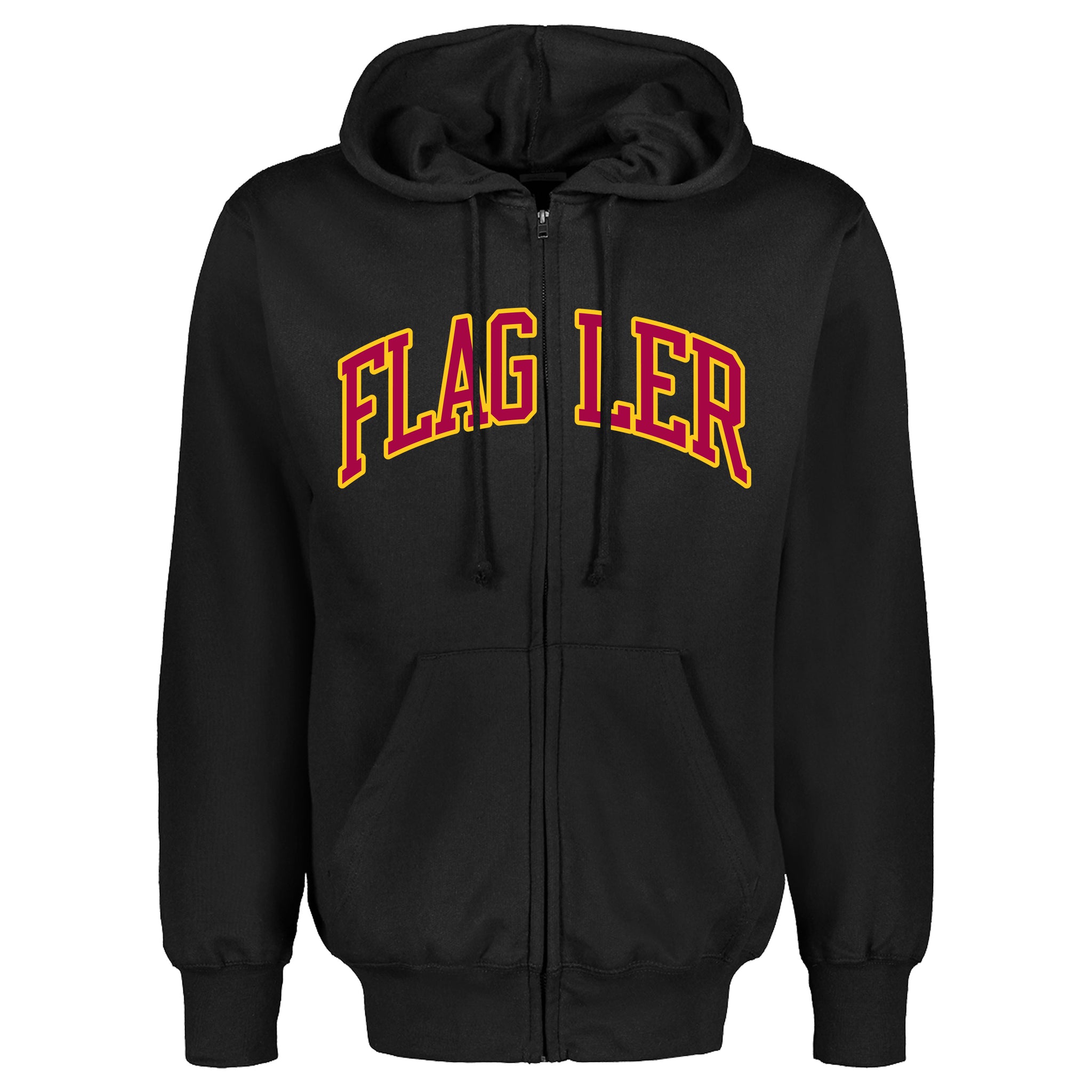 Black full zip hood with crimson and gold imprint saying Flagler