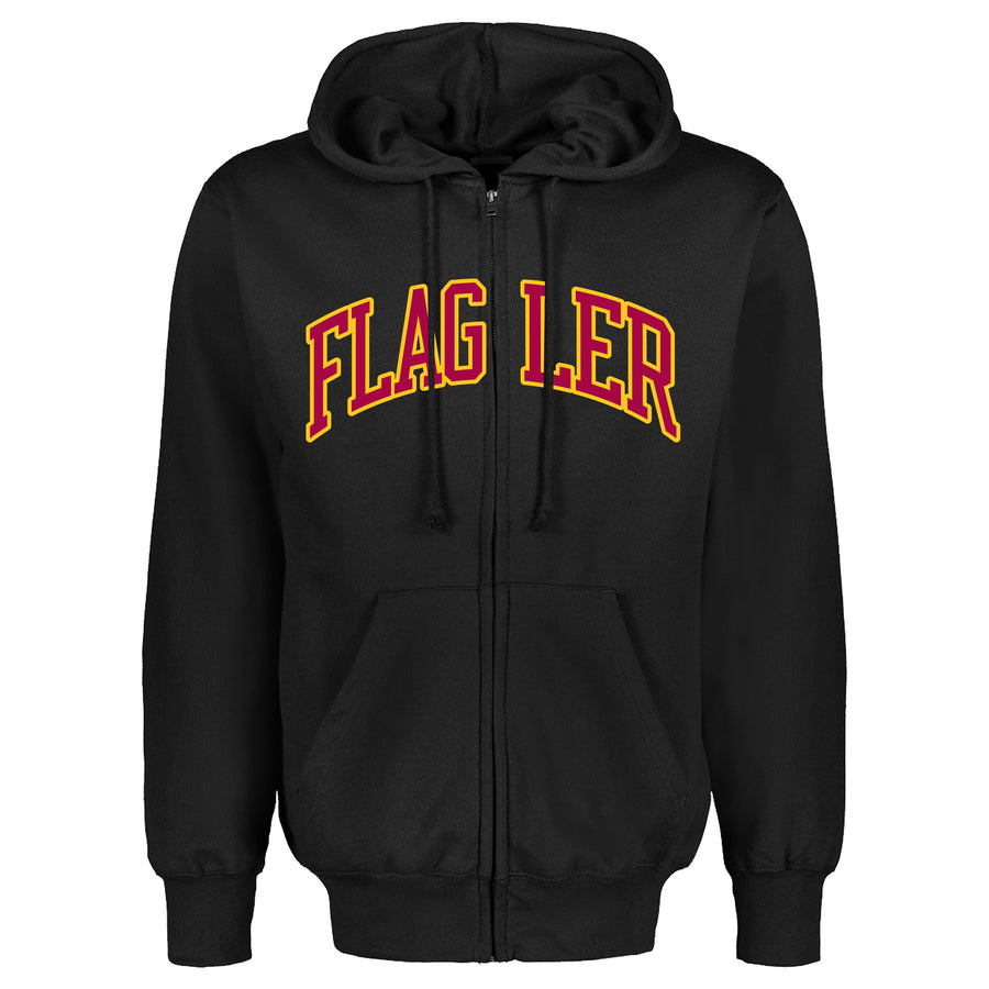 White and black full zip hood with crimson and gold imprint saying Flagler
