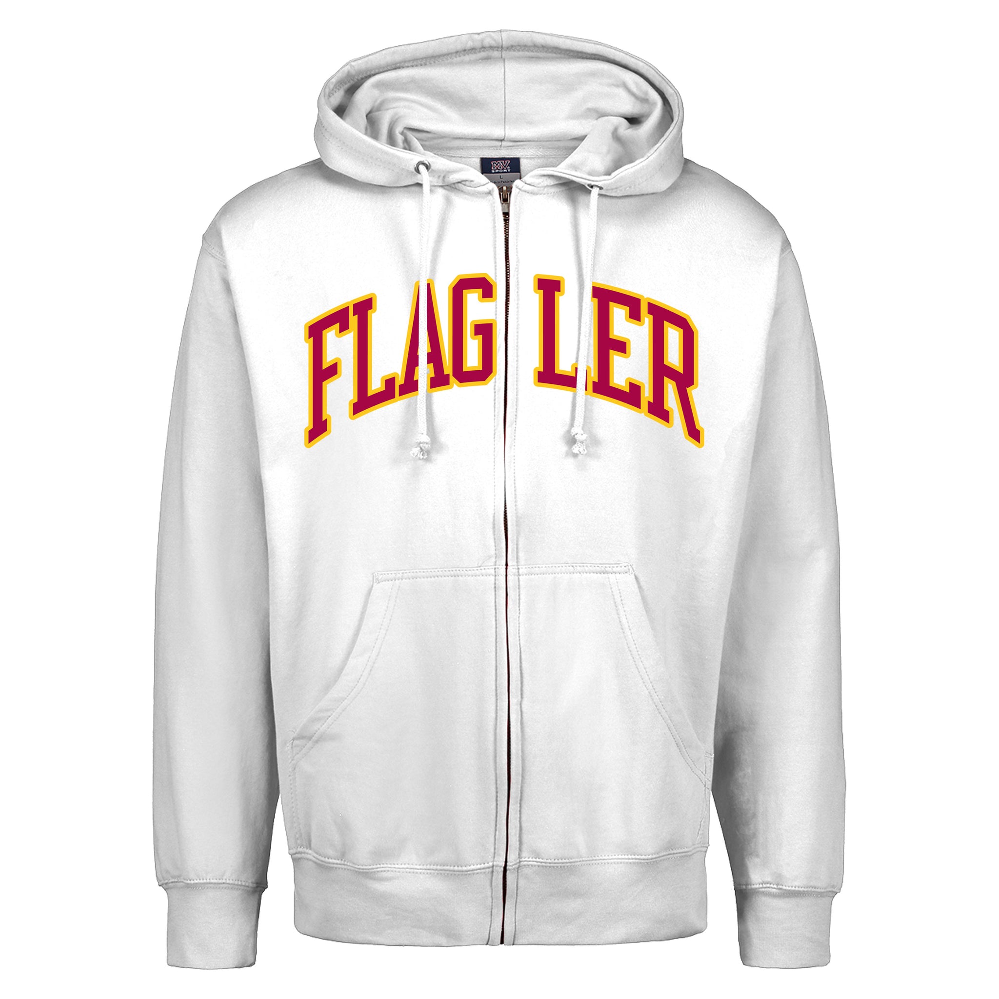 White full zip hood with crimson and gold imprint saying Flagler
