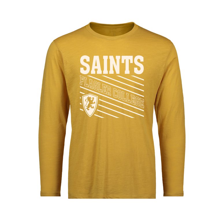 Ginger color long-sleeved t-shirt with white imprint saying Saints with diagonal lines down white outline imprint saying Flagler College with white Flagler College shield logo