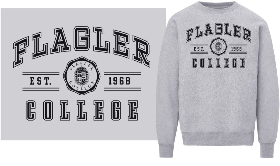 Grey crewneck with black imprint saying Flagler over est Flagler seal 1968 over college