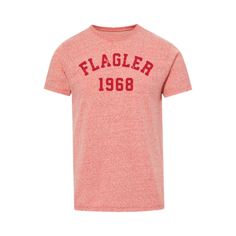 Red heather t-shirt with crimson imprint saying Flagler over 1968