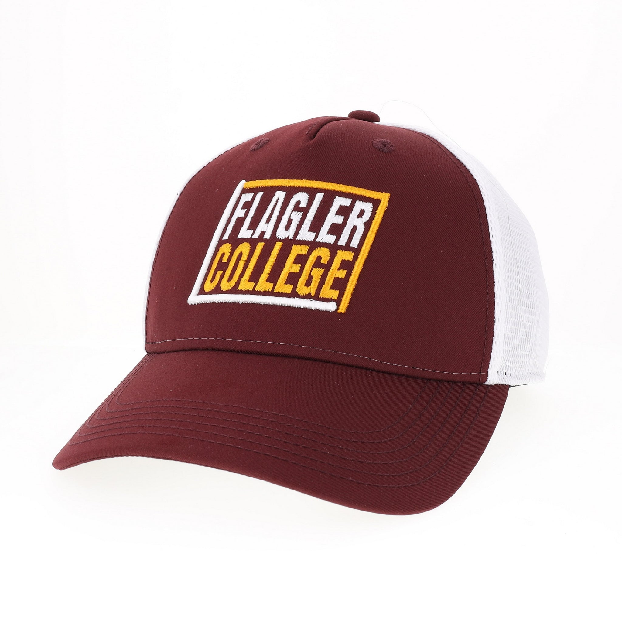 Burgundy hat with white mesh back. White and yellow slanted rectangle with white letters saying Flagler over yellow letters saying college in rectangle