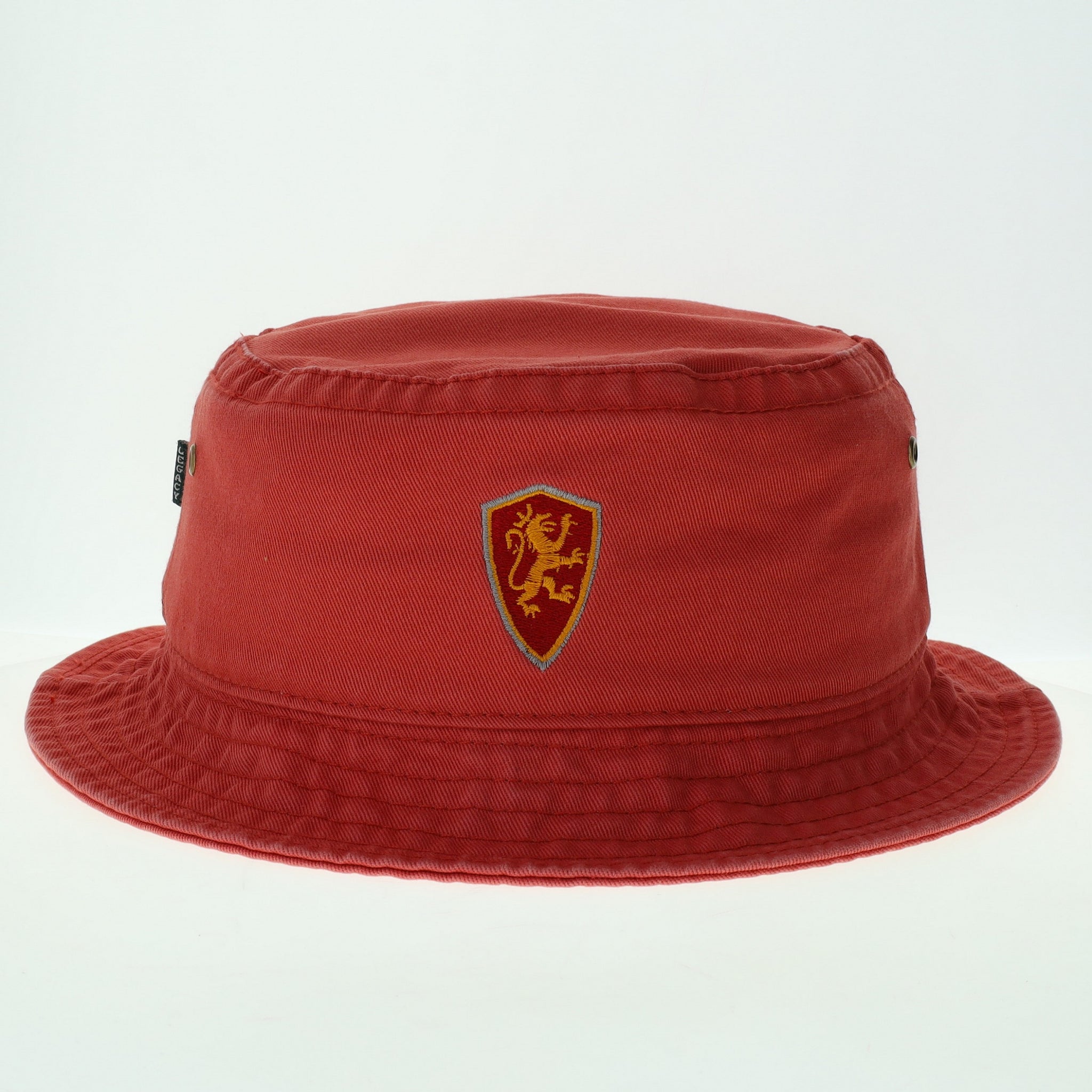 Nantucket red bucket hat with Flagler College shield logo in center