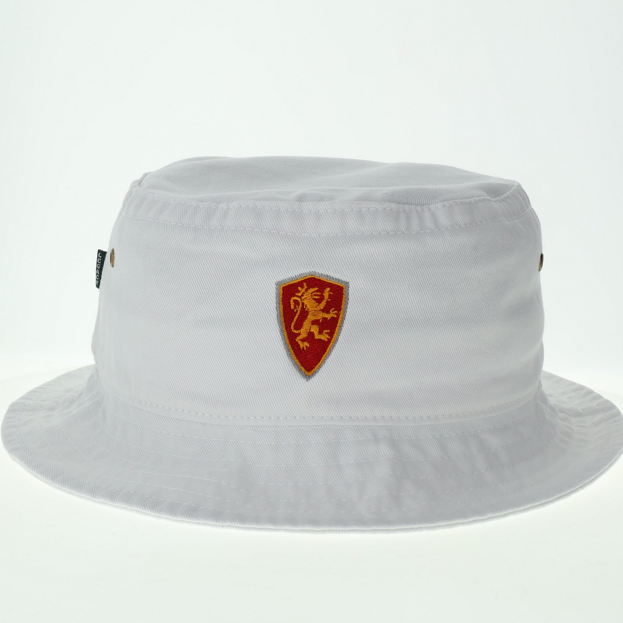 White bucket hat with Flagler College shield logo in center