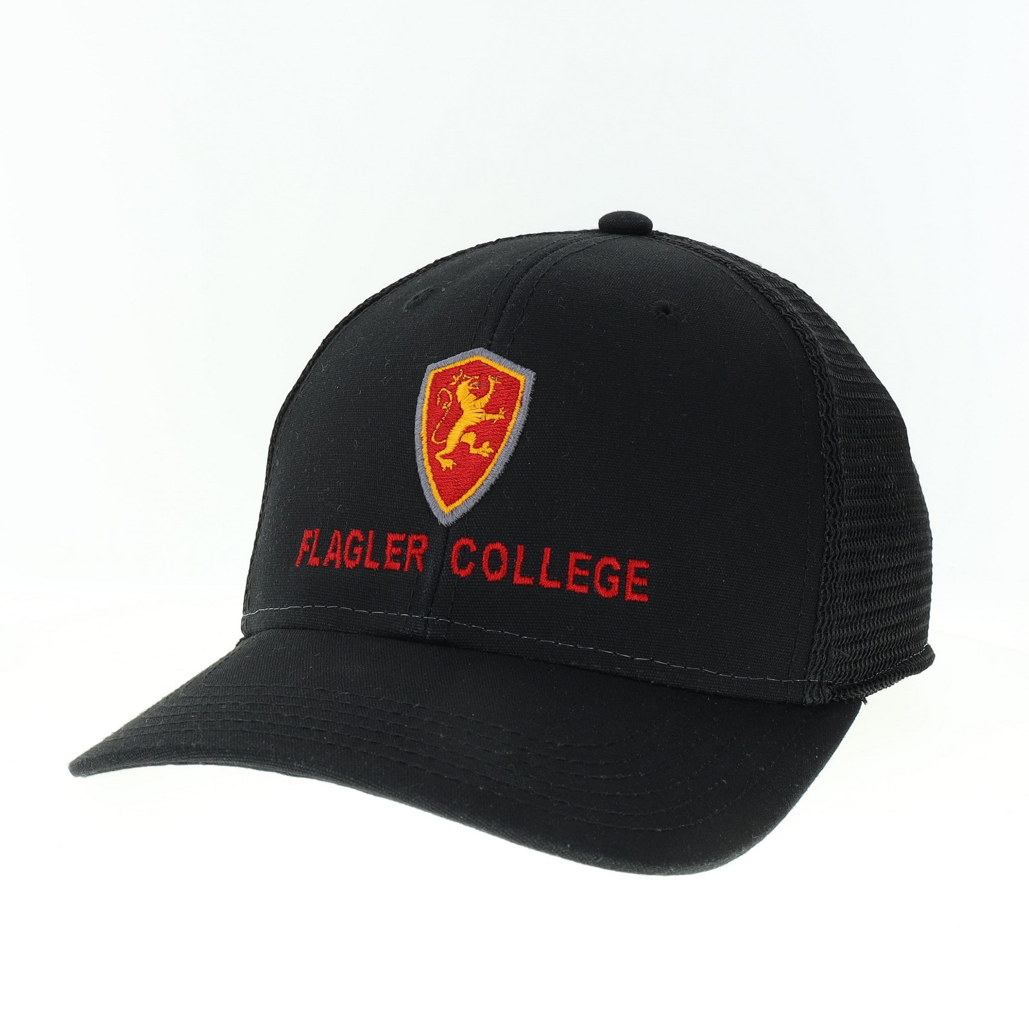 Black hat with black mesh back. Flagler College Shield logo over red embroidered letters saying Flagler College