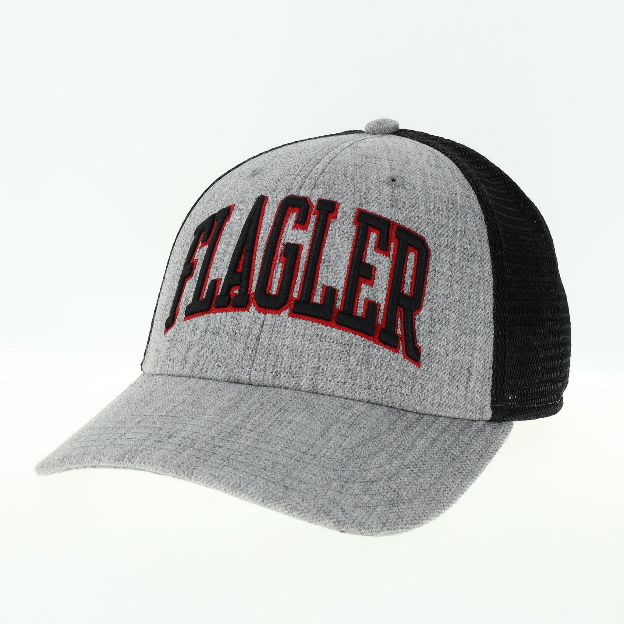 grey hat with black mesh back. Black letter with red outline saying Flagler