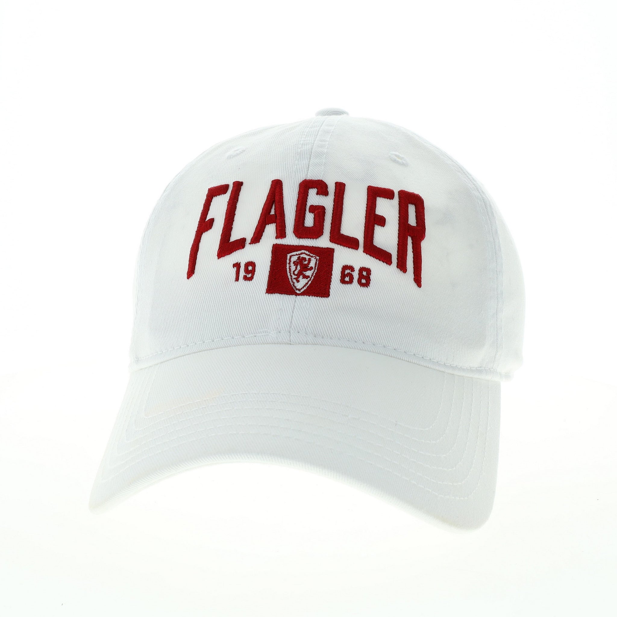 White hat with red embroider saying Flagler over 19 Flagler College Shield logo 68