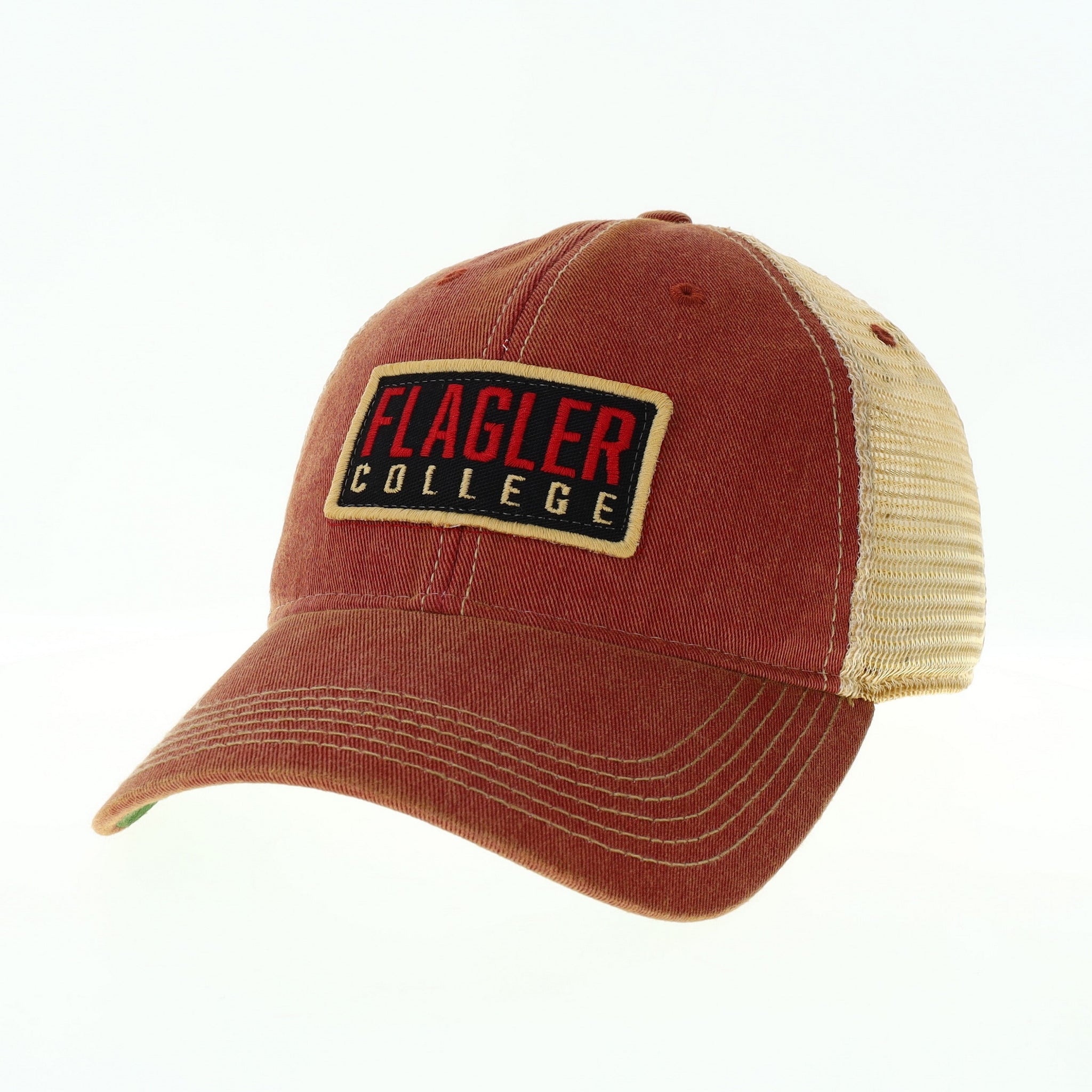 light crimson hat with beige mesh back and black patch with red letters saying Flagler over beige letters saying college