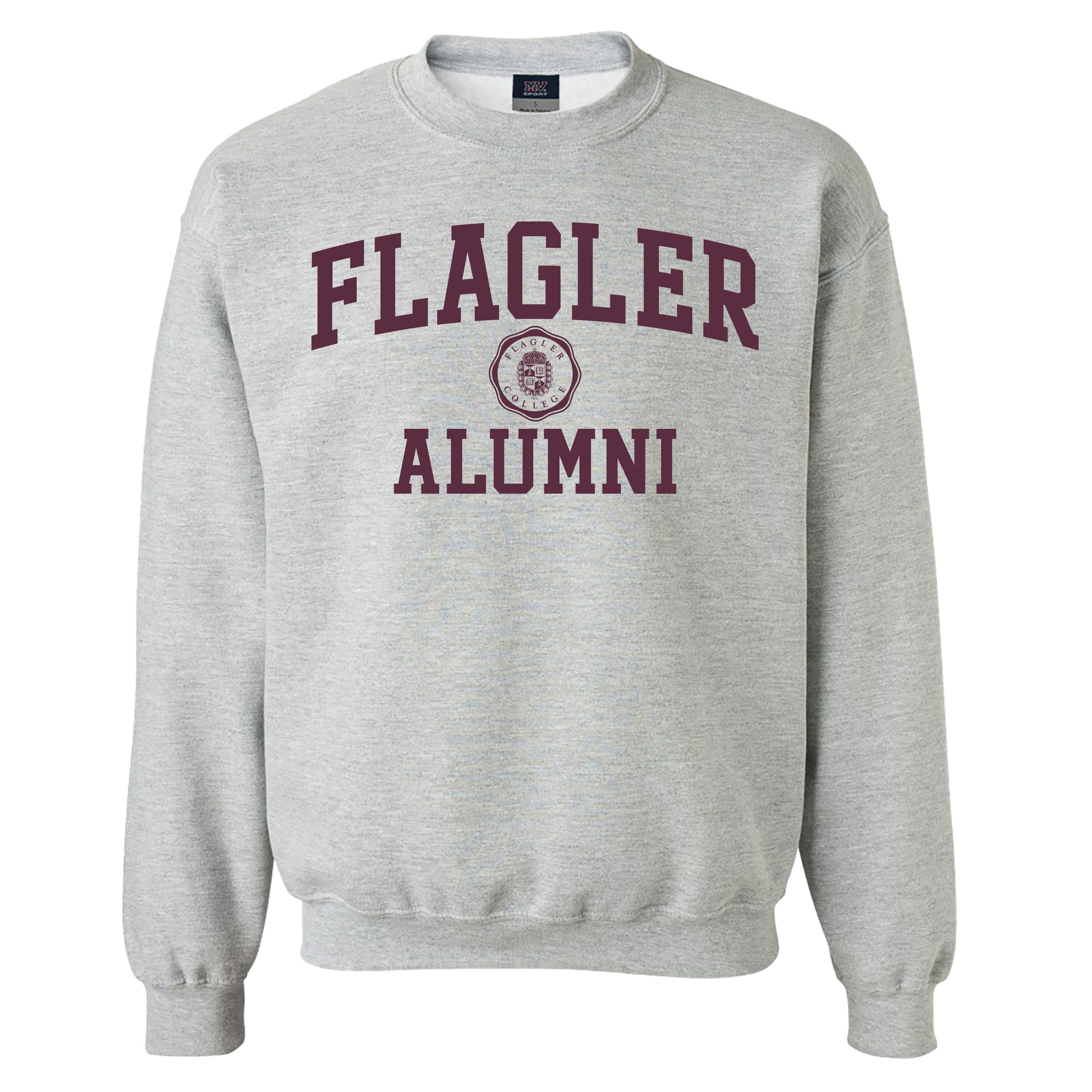 Grey crew neck with Flagler and Alumni printed in red. in between Flagler and alumni is a shield seal also in red