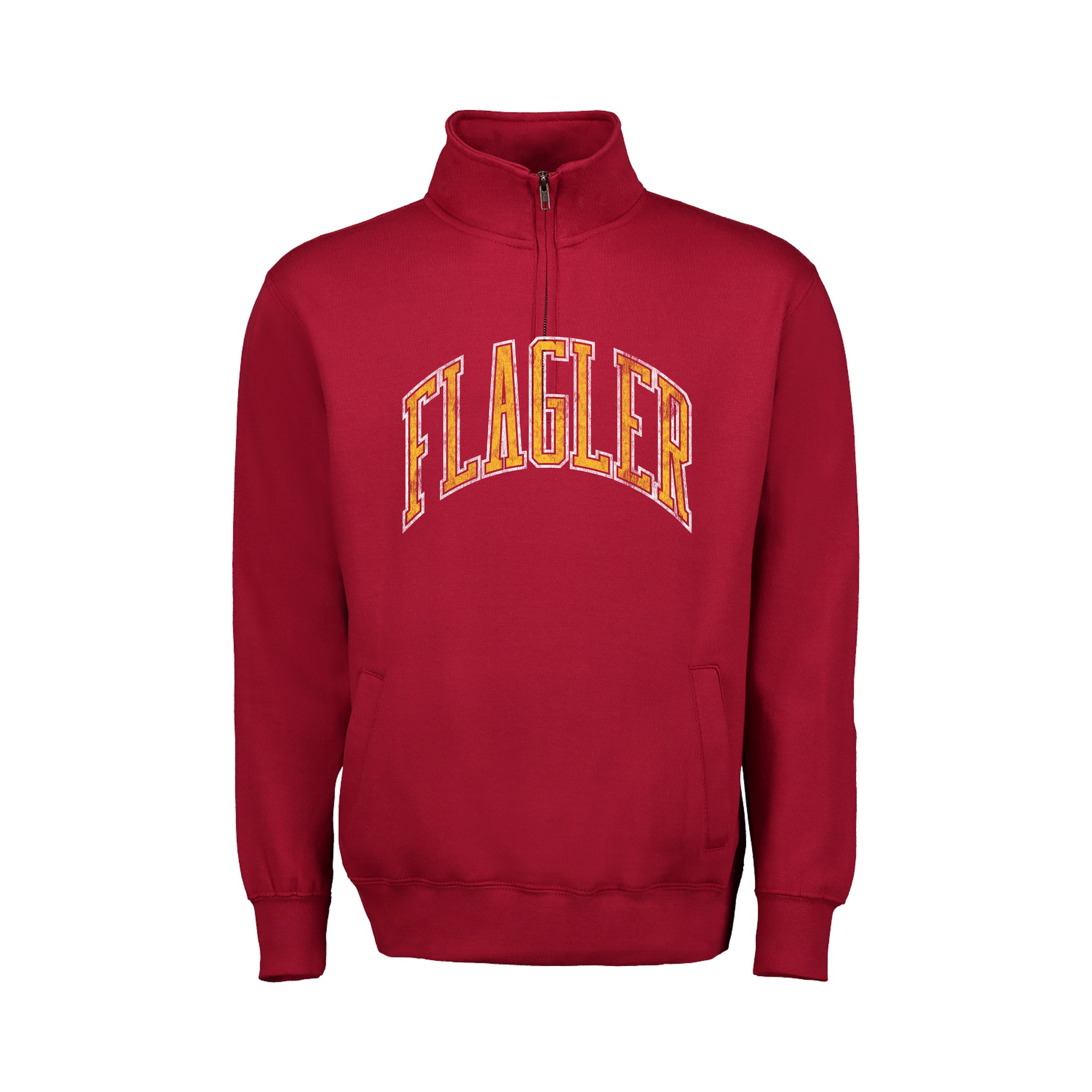 Crimson quarter zip with pocket and gold and white imprint saying Flagler