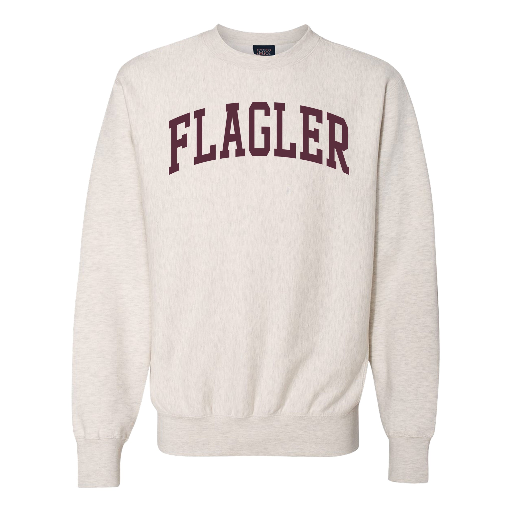 oatmeal solid crewneck sweatshirt with crimson imprint saying Flagler