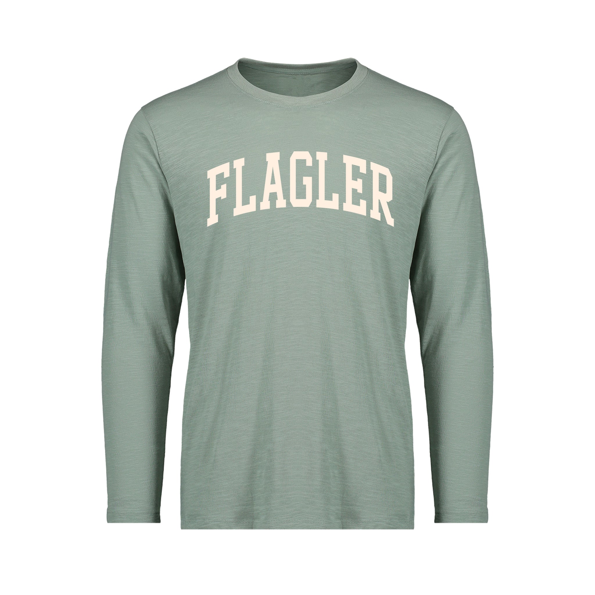 Greenstone color long-sleeve t-shirt with white imprint saying Flagler