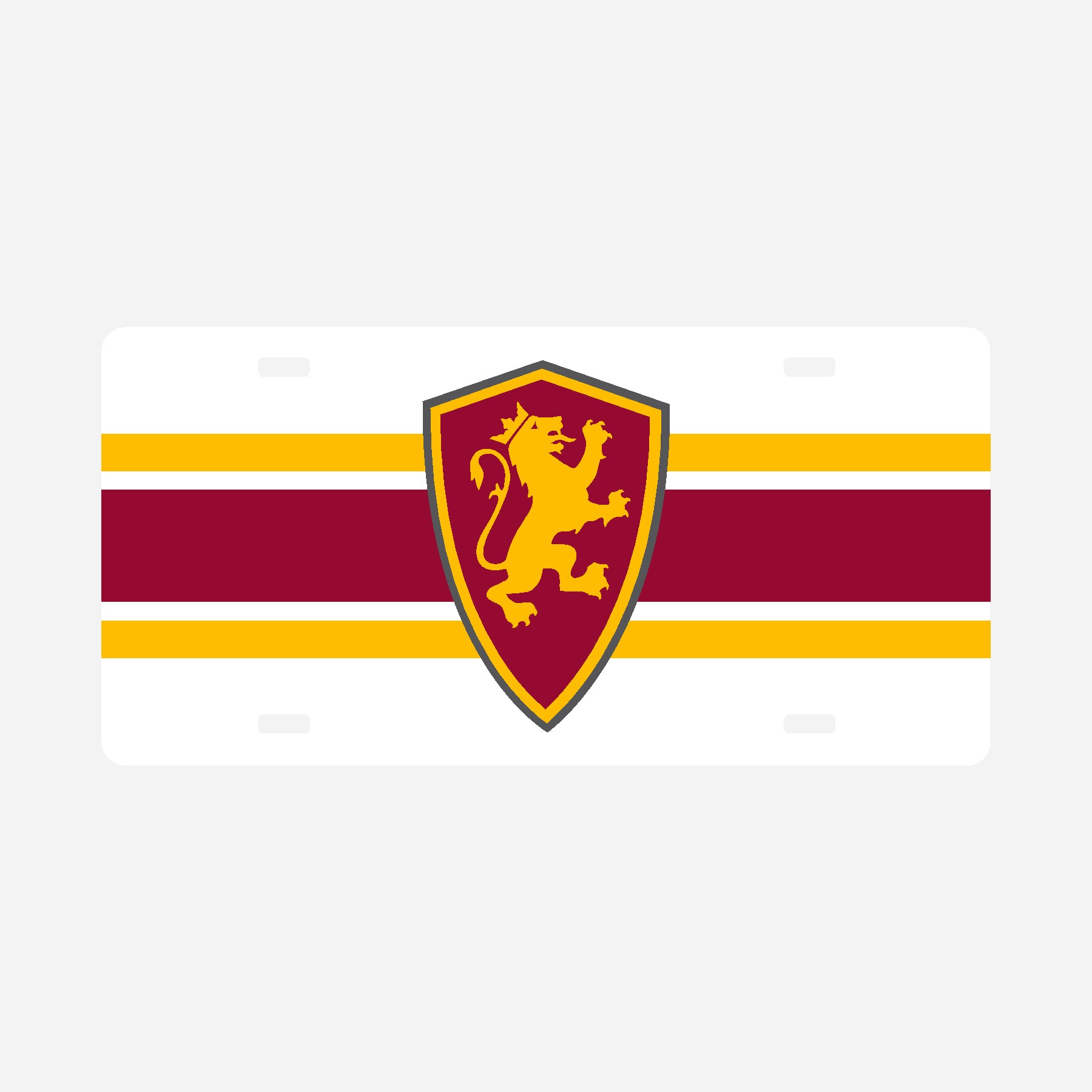White front license plate cover with yellow line over crimson line over yellow line with Flagler College shield logo in center