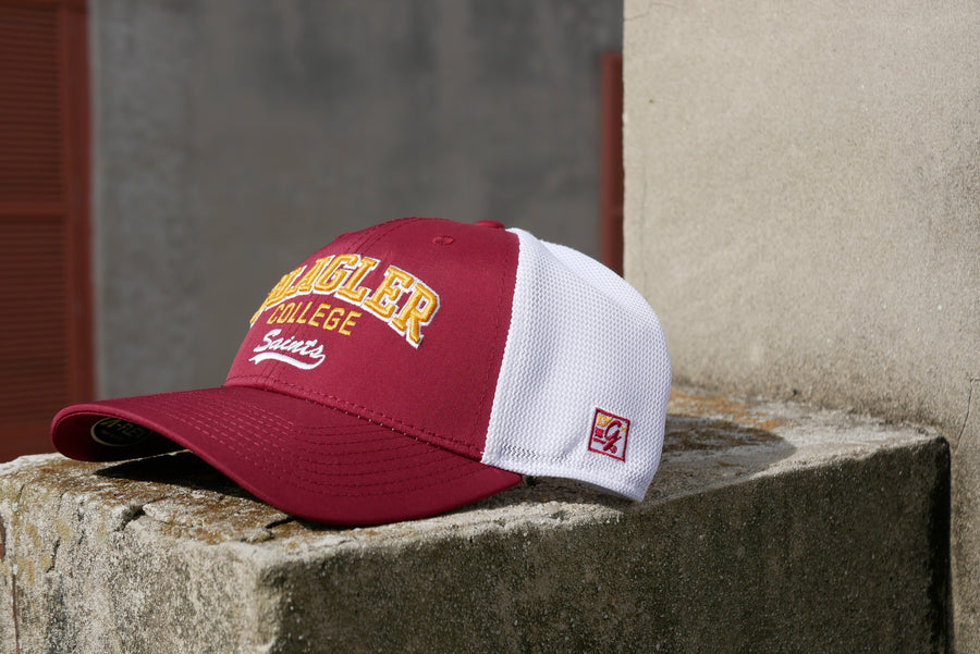 Red hat with mesh white back. Yellow embroider saying Flagler over College over white cursive embroider saying Saints