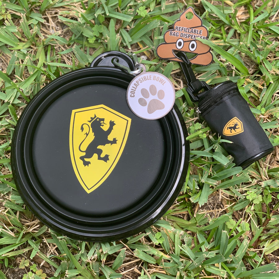 Collapsible water bowl with gold shield