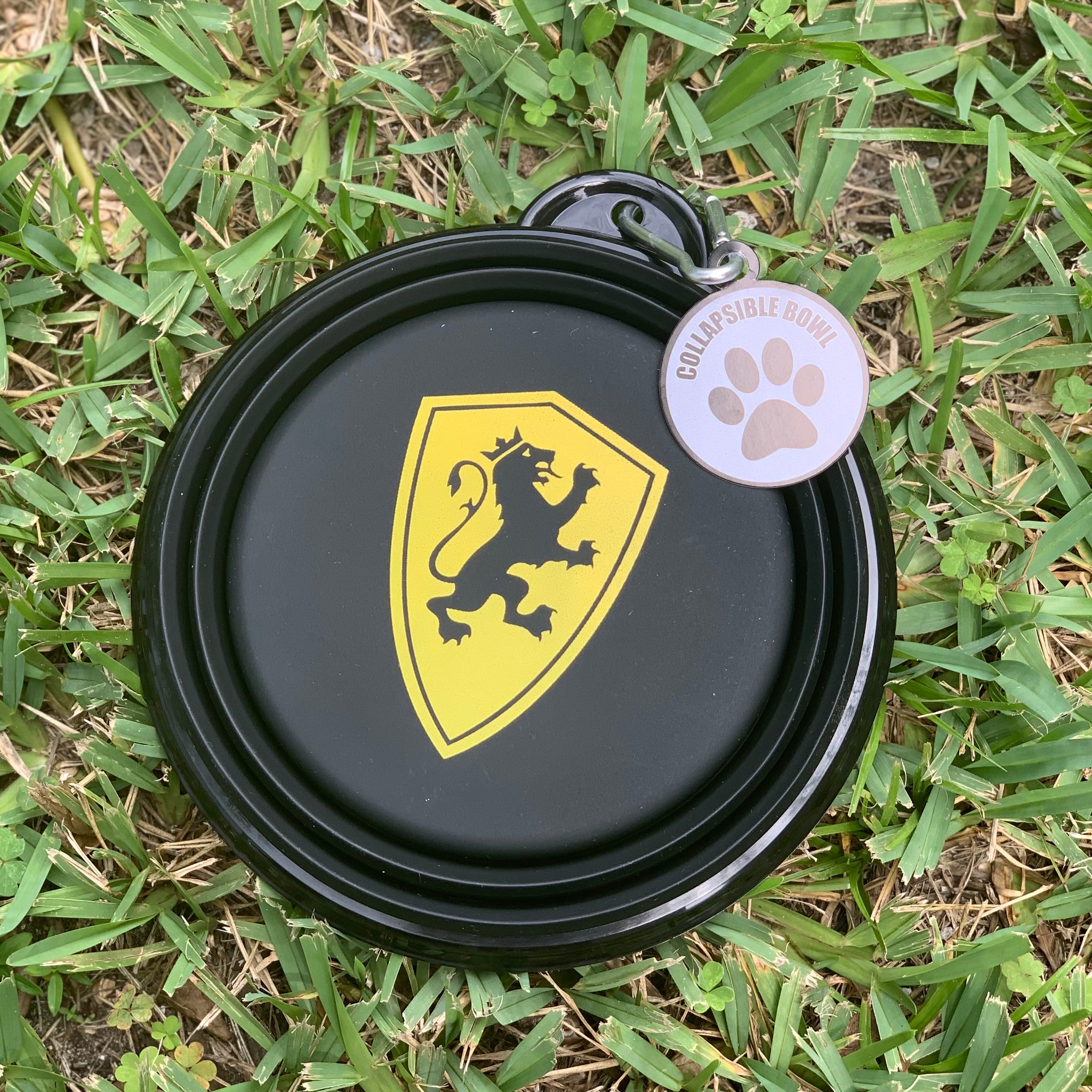 Collapsible water bowl with gold shield