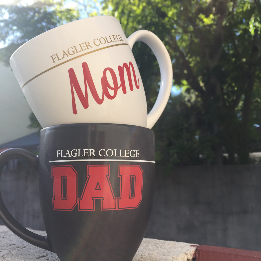 12 oz white mug with Flagler college printed in gold and mom printed in red