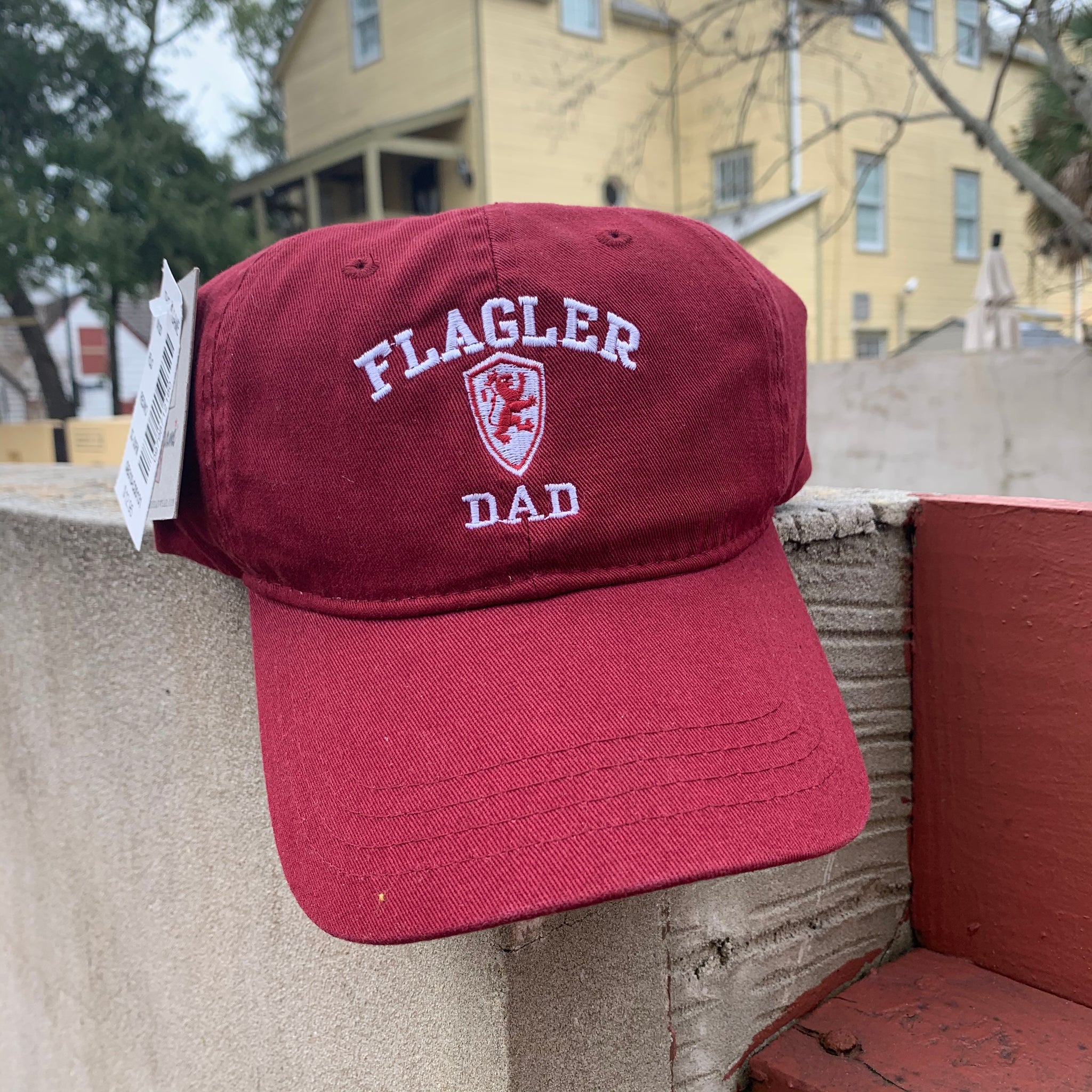 red hat with flagler, a lion shield, and dad embroidered in white in middle 