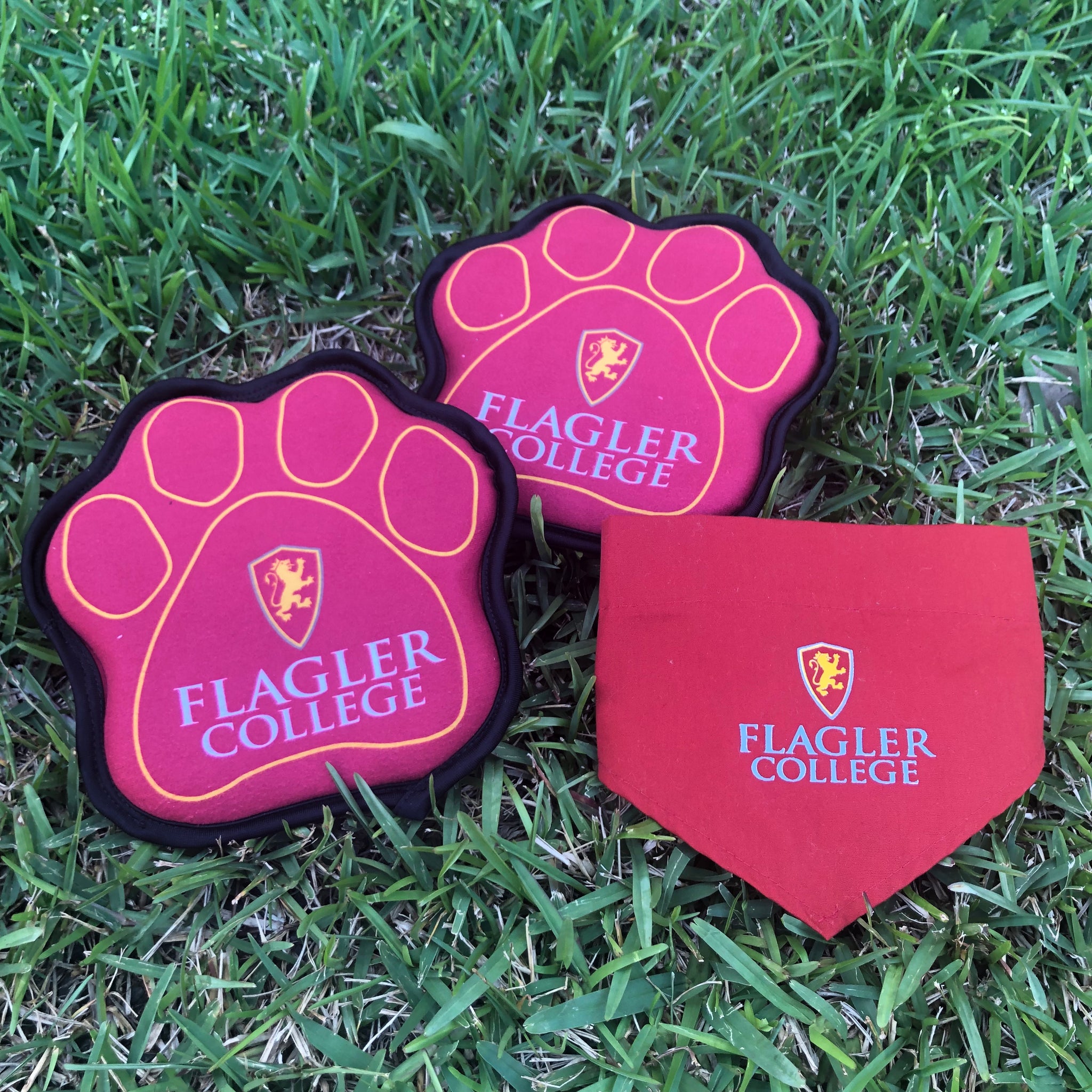 red and gold dog paw toy with Flagler college printed in white and shield printed in gold and red
