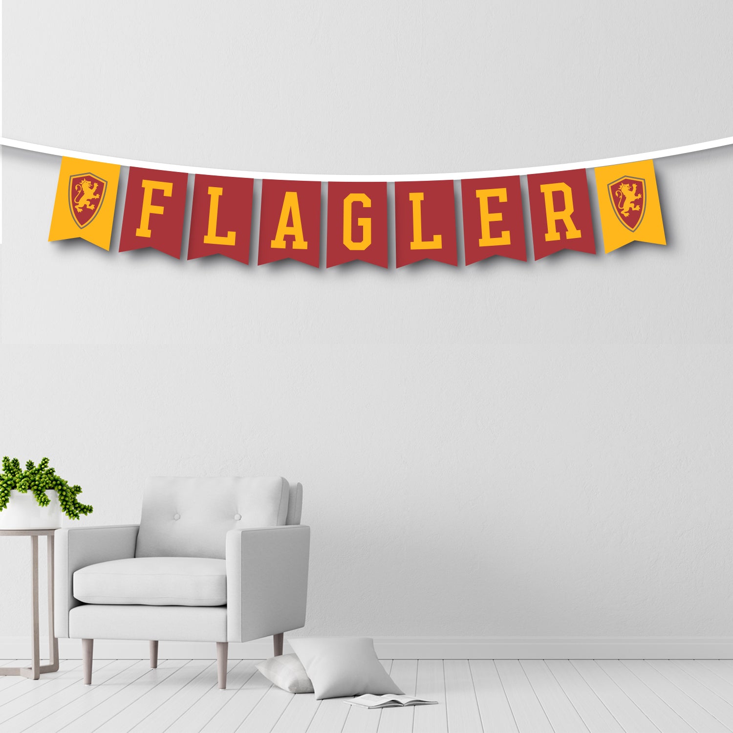 Crimson and gold string banner with flagler shield logo on two gold and yellow imprint Saying Flagler on the crimson