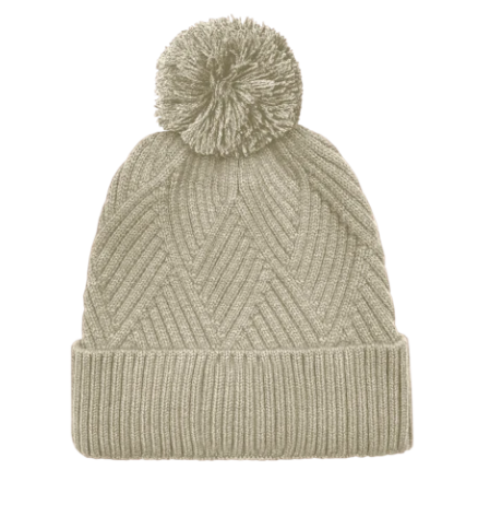  back of grey textured cuff beanie with pom